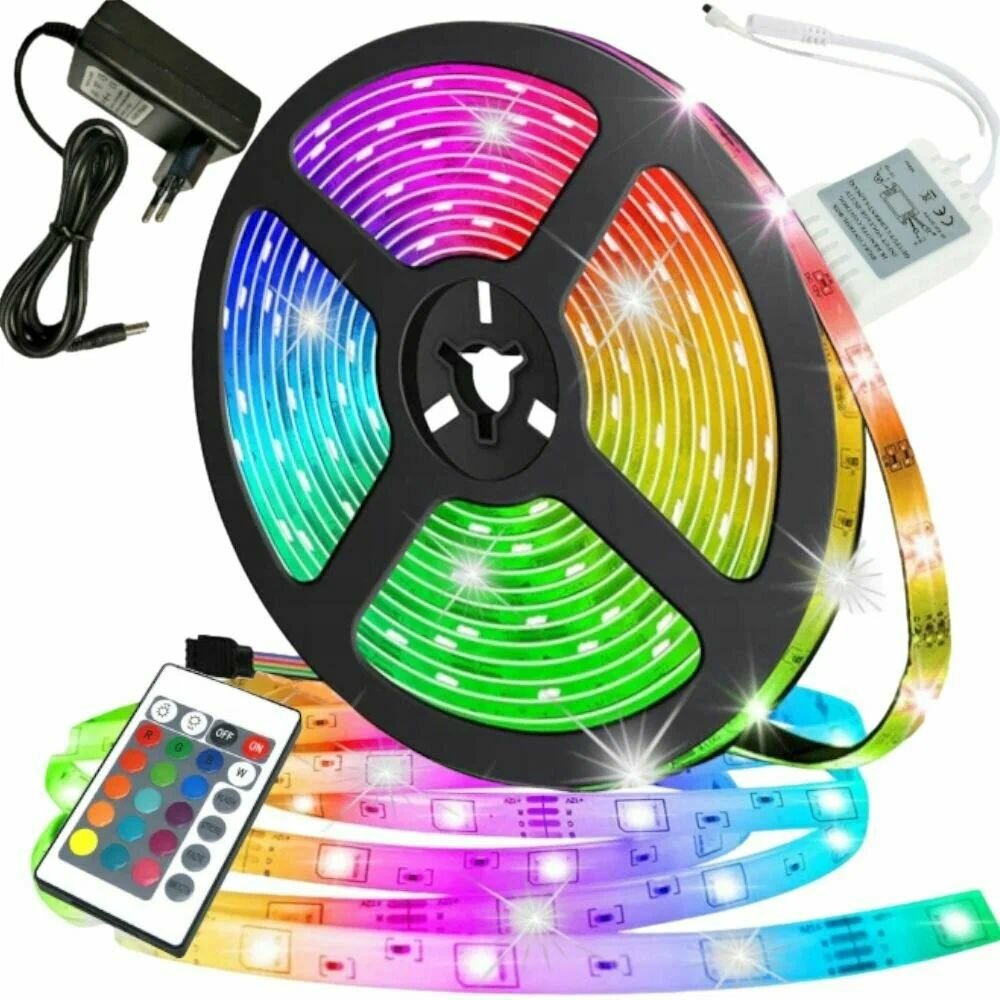 Светодиодная лента 5050RGB цветная SMD Лента 5 метров + пульт блок питания12w  60 LEDS Цветная с пультом управления  SMD 5050