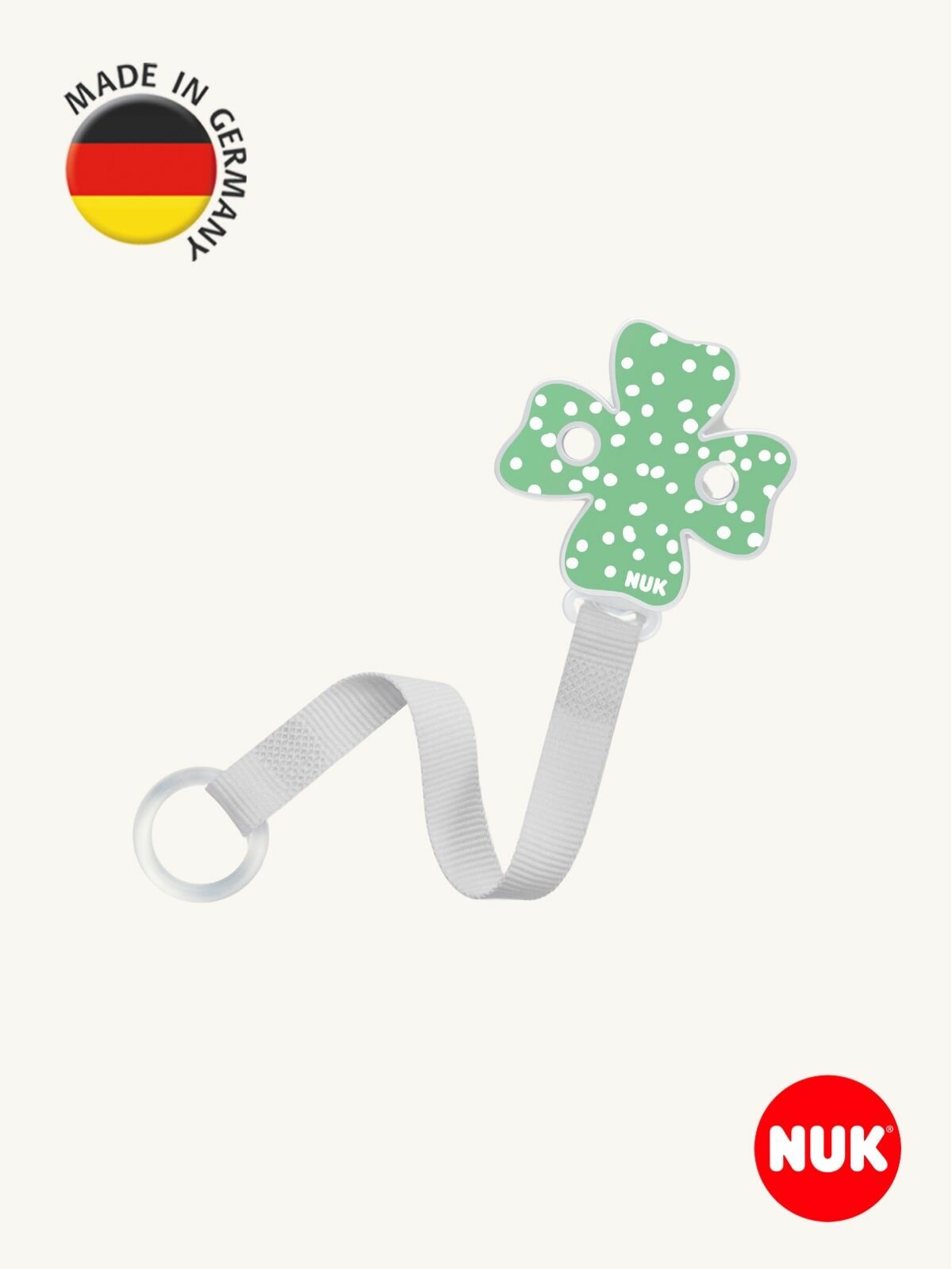 NUK Ленточка-держатель для соски-пустышки с клипсой, зелёная, Германия — фото 1