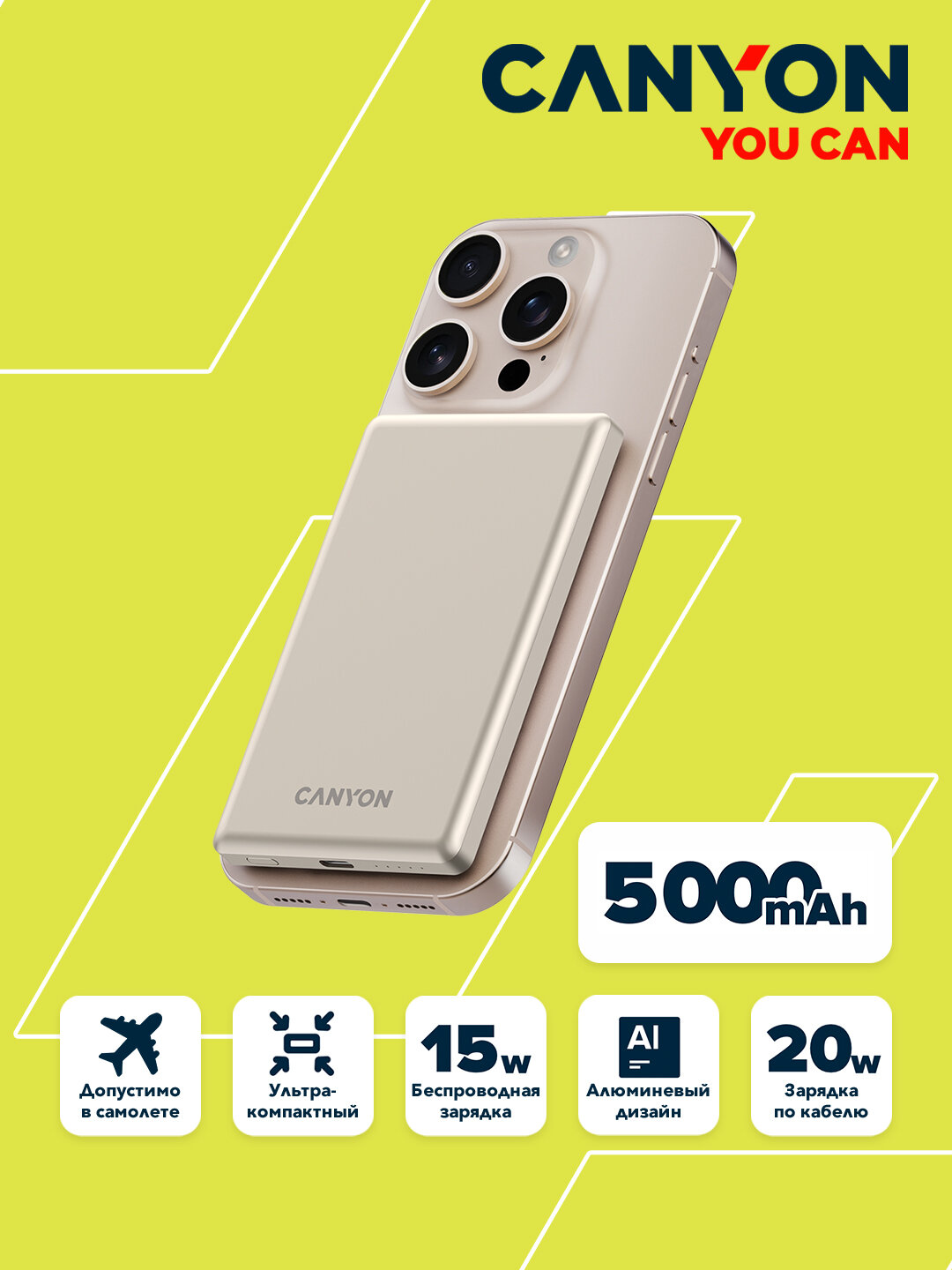 Беспроводной Magsafe power bank CANYON OnPower 505 Slim, повербанк для айфона, 5000 mA