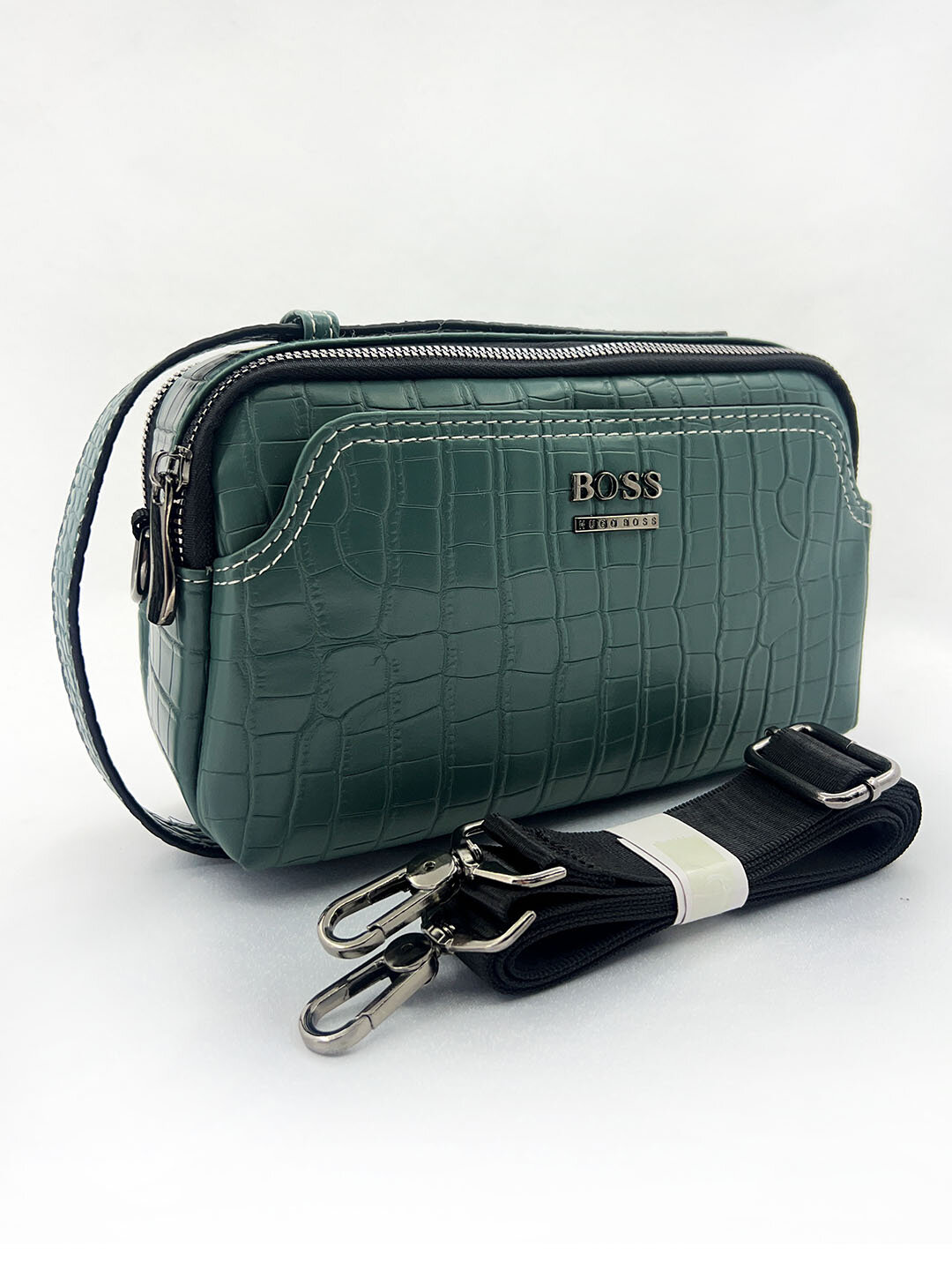 Сумка барсетка , фактура под рептилию, гладкая, зеленый/хаки — фото 1