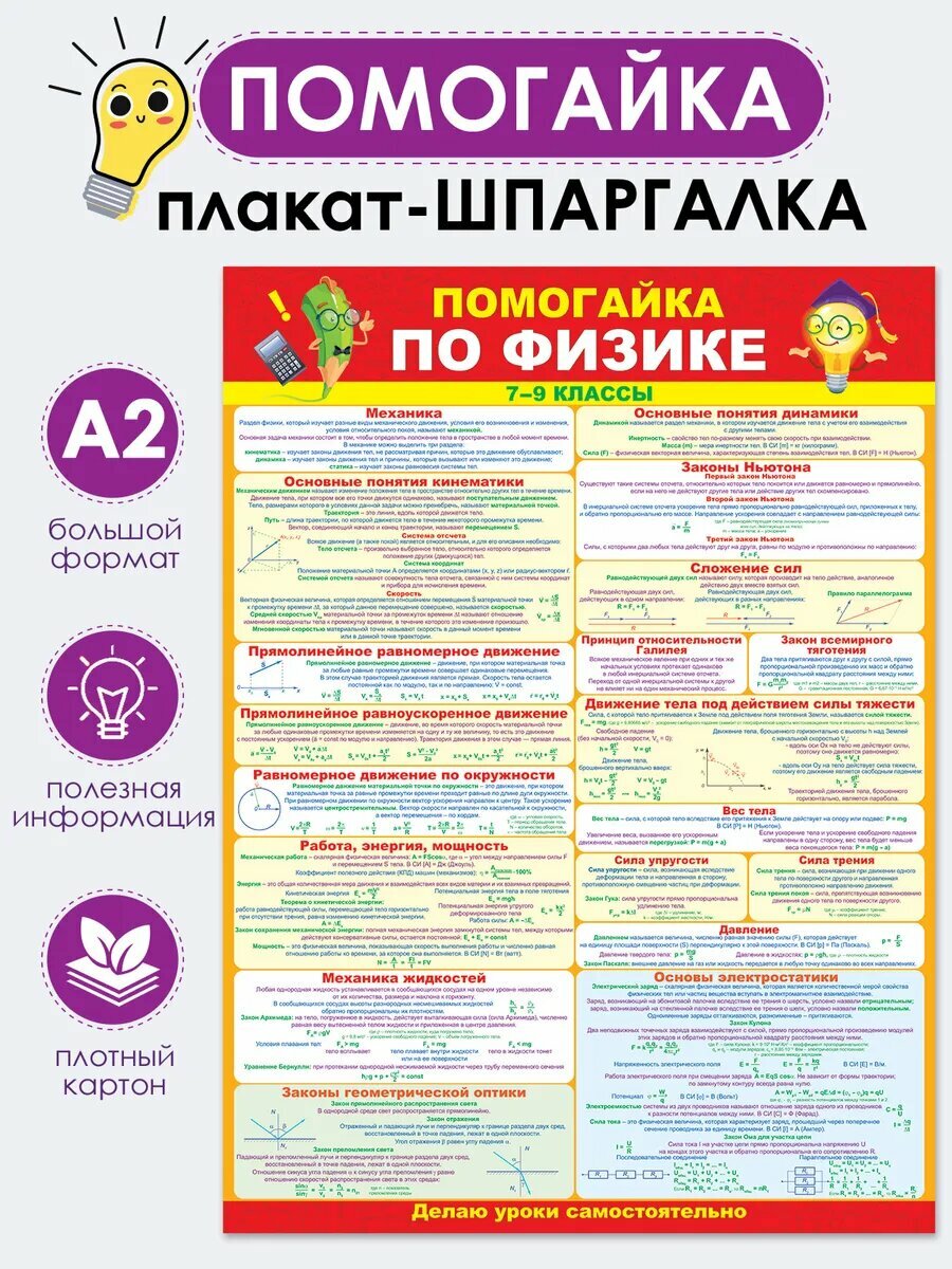 Плакат "Помогайка", по физике, 7-9 классы, А2, картон, 44х60 см