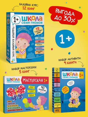Изображение товара Набор развивающих книг "Школа Семи Гномов" для детей 1+, Базовый курс + Активити + Мастерские