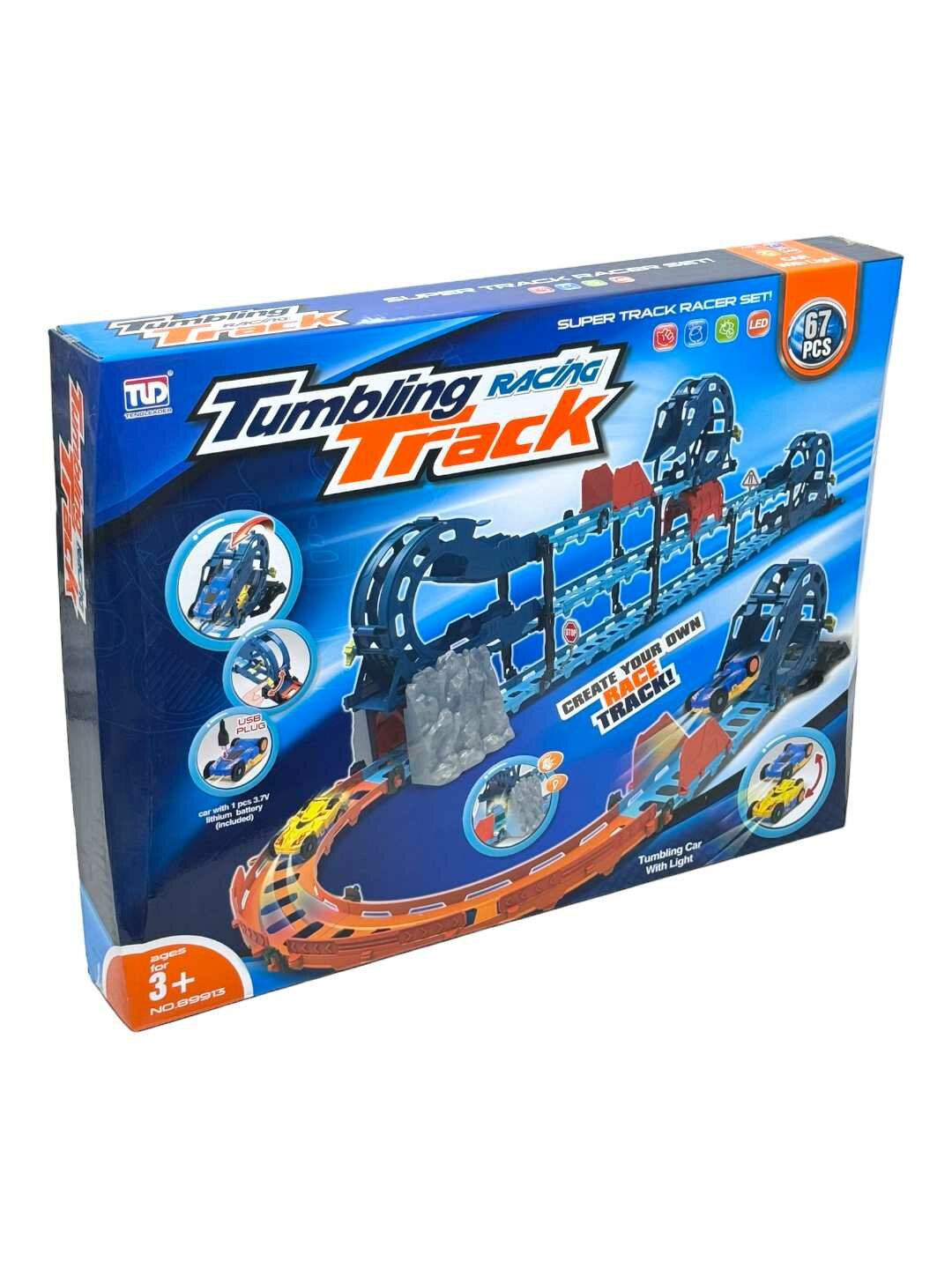Пластиковый развивающий трек Tumbling Racing с машинкой LED для детей, 67 деталей. Код. 02605