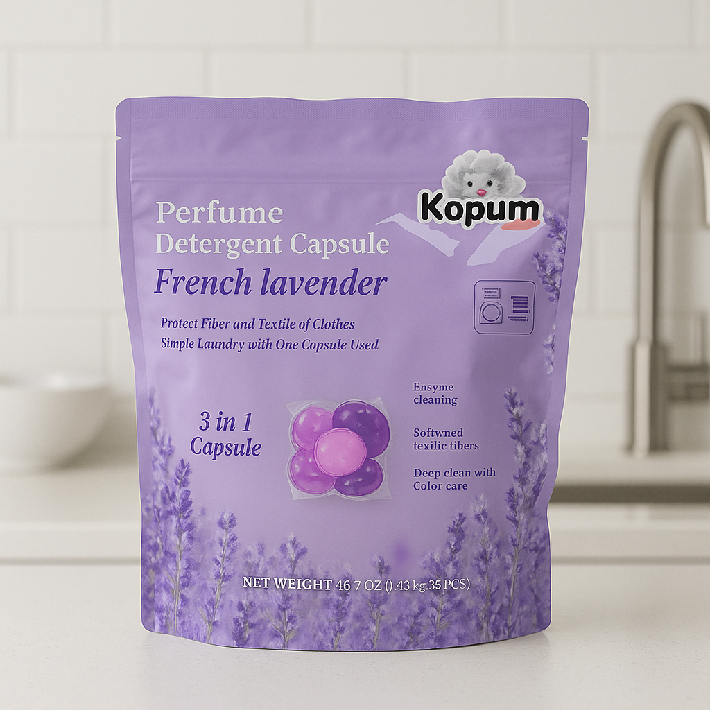 Kopum Plus с лавандой – 3 в 1 капсулы: чистят, сохраняют волокна ткани и придают белью стойкий цветочный аромат. 10 шт