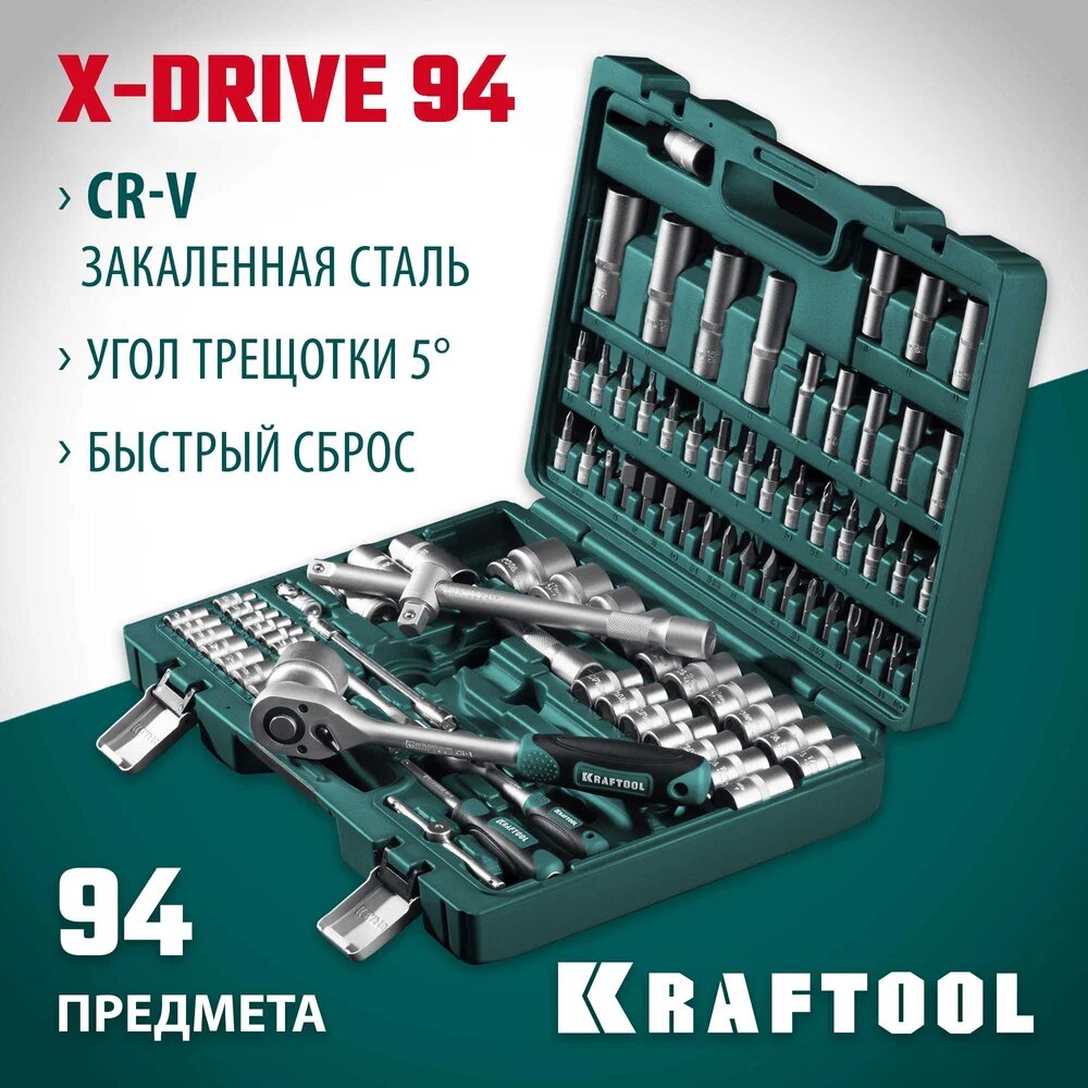 Универсальный набор инструмента KRAFTOOL X-Drive 94, 94 предм, (1/2"+1/4") 27883-H95_z03, выполнения слесарно — фото 1