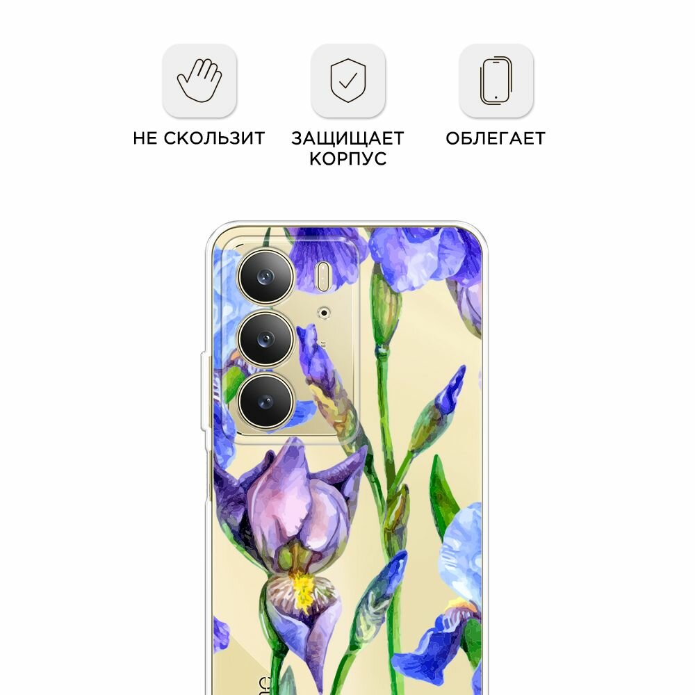 Чехол на Realme C75 4G / Реалми C75 4G с принтом "Синие ирисы", прозрачный — фото 1