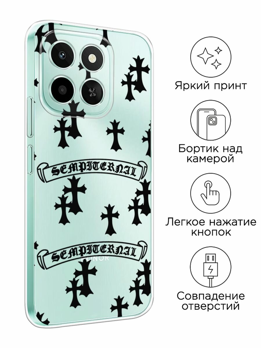 Чехол на Honor X6c / Хонор X6c с принтом "Кресты паттерн чёрный", прозрачный — фото 1
