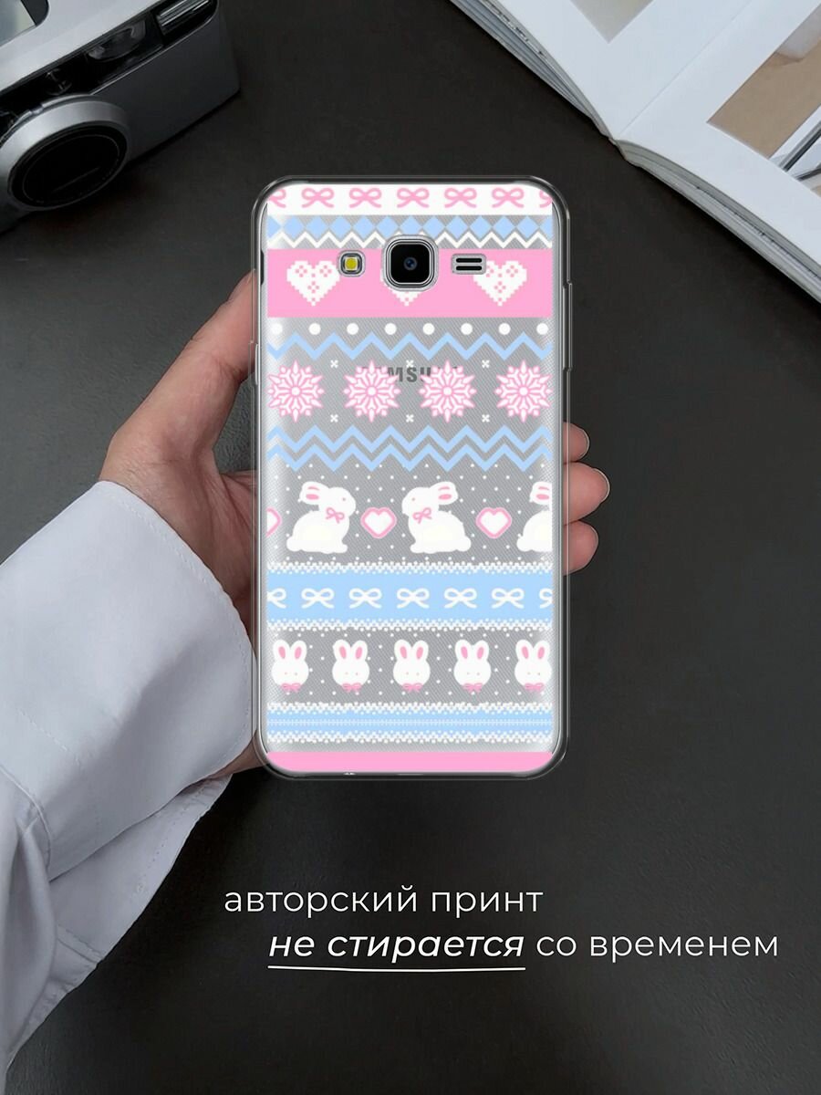 Чехол на Samsung Galaxy J7 Neo / Самсунг Галакси Джей 7 Нео с принтом "Милые новогодние кролики", прозрачный — фото 1