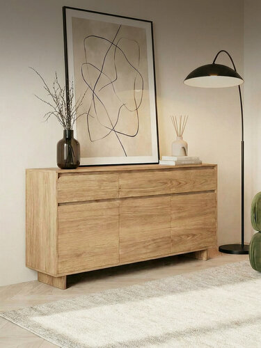 Изображение товара Комод для одежды Puzzlemebel Лоран с 3 выдвижными ящиками для вещей, тумба с полками в спальню, длина 150 см, гикори