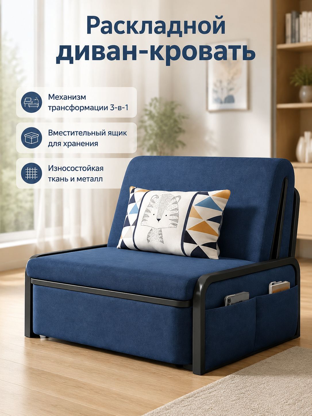 Раскладной диван-кровать с ящиком для хранения, 100 см, обивка из хлопка и льна, темно-синий, черный каркас