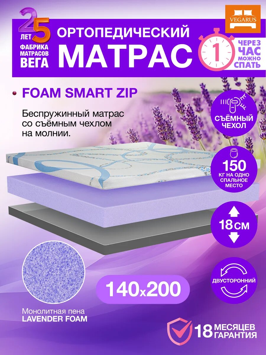 Матрас 140×200 на кровать, беспружинный, ортопедический, Foam Smart Zip