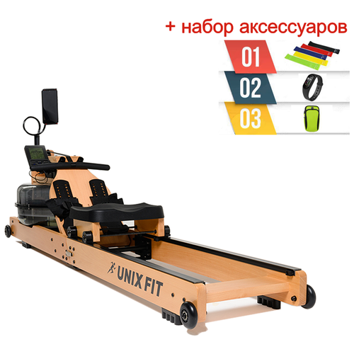 Гребной тренажер UNIX Fit Wood Rower Light + аксессуары для фитнеса