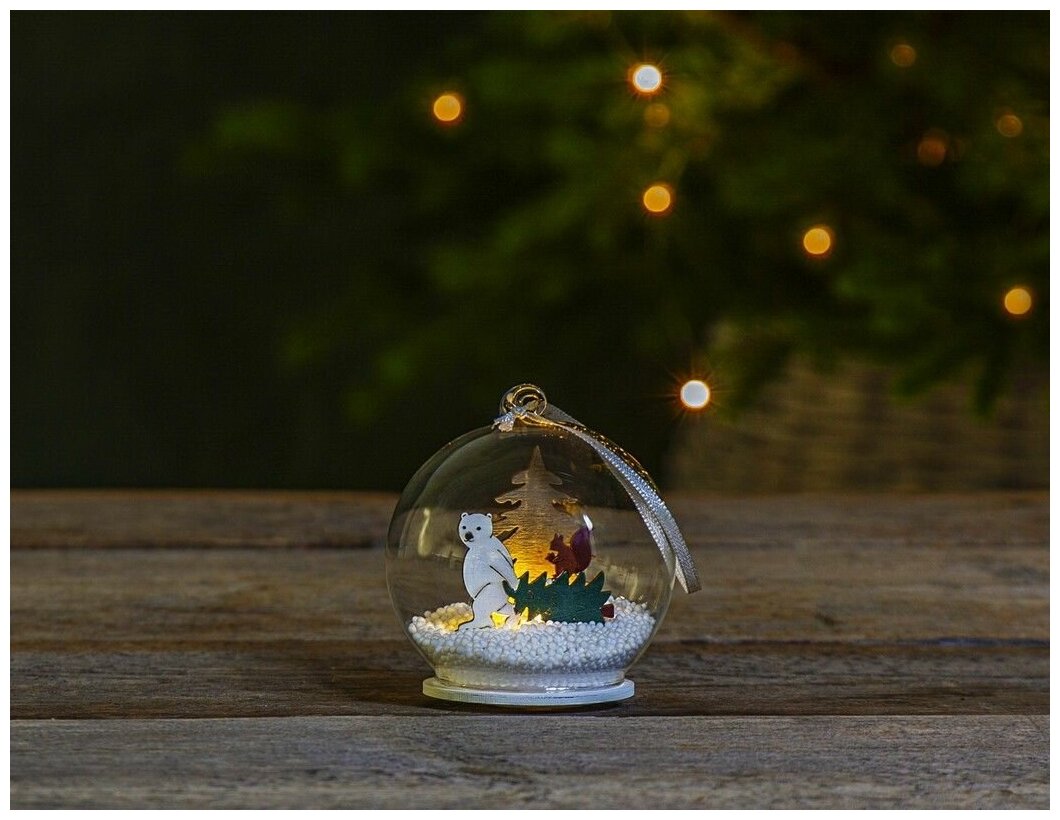 STAR trading, Светящийся шар с фигурками FOREST FRIENDS - мишка И бельчонок, стекло, дерево, тёплый белый LED-огонь, 9 см, батарейки 271-84