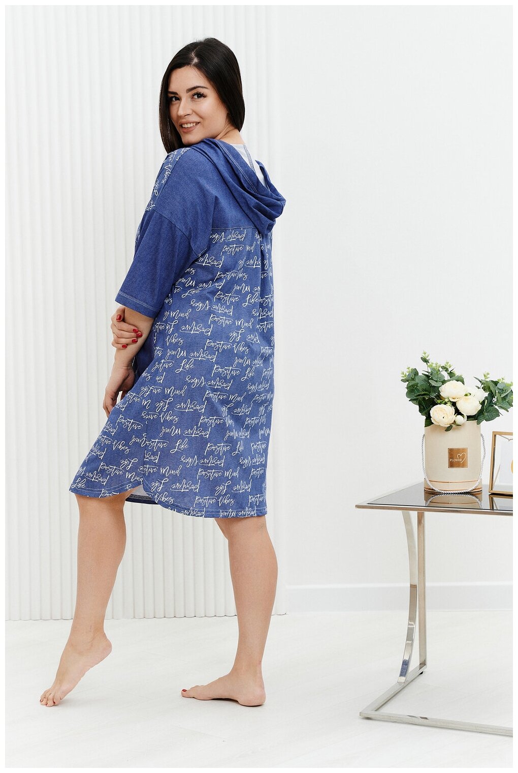 Халат Натали средней длины, укороченный рукав, капюшон, карманы, трикотажная, размер 56, синий - фотография № 6