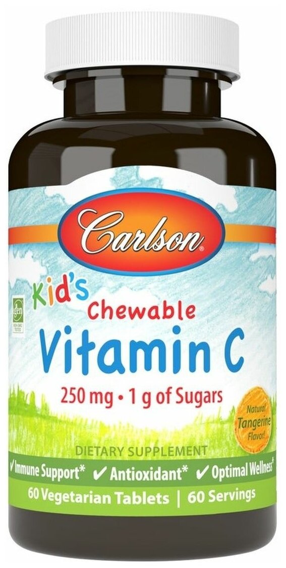 Carlson, Kids Vitamin C 250 мг, 60 жевательных таблеток (мандарин)