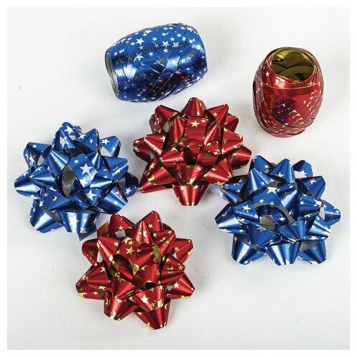 Набор для декора и подарков 4 банта, 2 ленты, металлик, цвета: синий, красный, золотая сказка, 591846