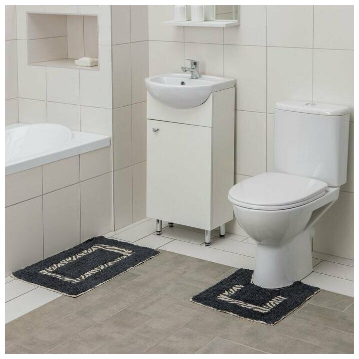 Набор ковриков для ванны и туалета Доляна «Зебра», 2 шт: 40×40, 40×60 см, 900 г/м2, 100% хлопок - фотография № 1