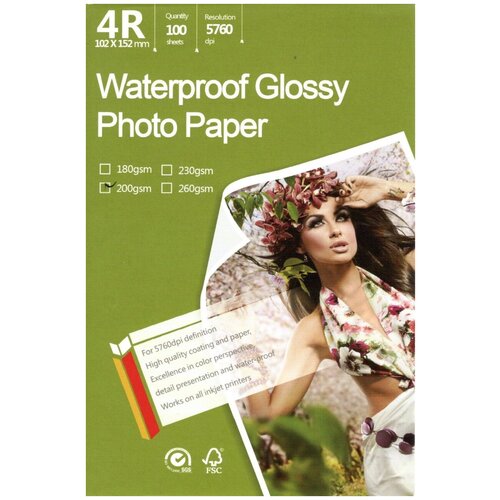 Фотобумага 4R (102х152мм) глянцевая для струйной печати 200гр, 100л. Waterproof Glossy Photo PAPER