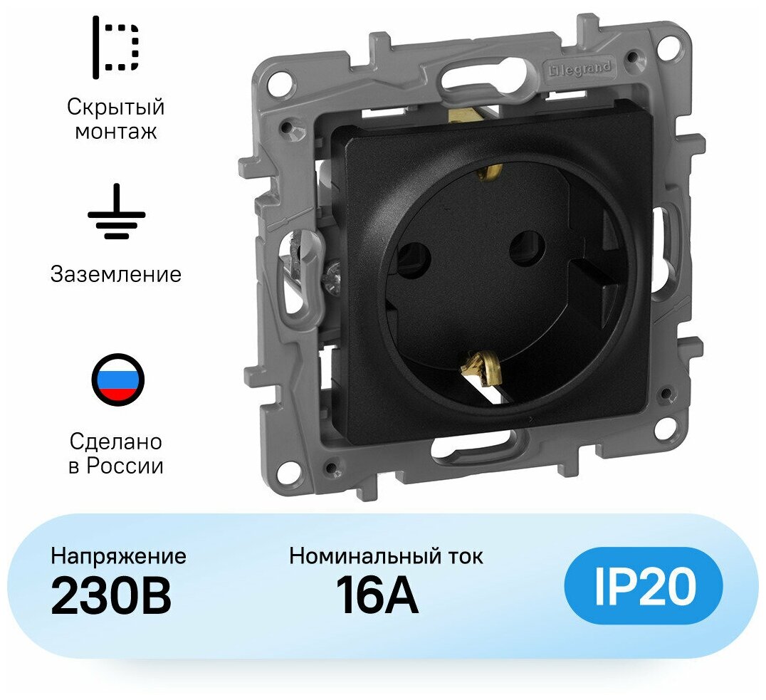 Механизм розетки Legrand Etika с заземлением антрацит - фотография № 1
