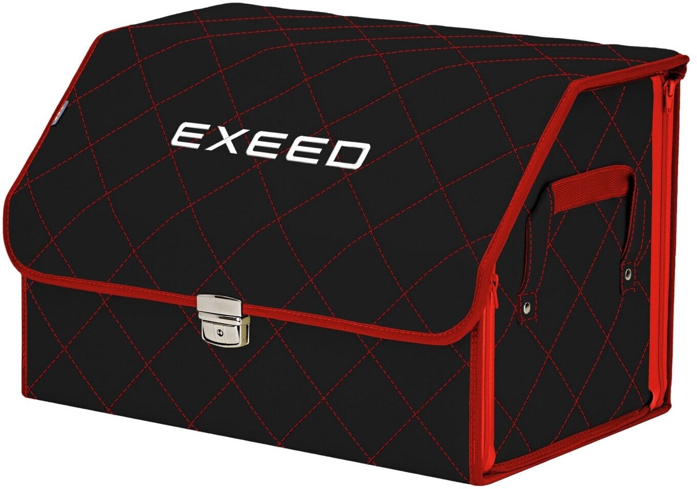 Органайзер-саквояж в багажник "Союз Премиум" (размер L). Цвет: черный с красной прострочкой Ромб и вышивкой Exeed (Эксид).