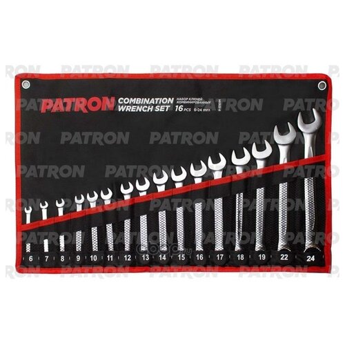 Набор гаечных ключей PATRON P5161M, 16 предм., серебристый, 1 уп. набор ключей комбинированных 16 пр 6 7 8 9 10 11 12 13 14 15 16 17 18 19 22 24 мм в стальном кейсе