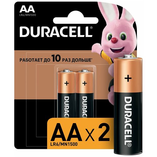 Батарейка алкалиновая AA LR6 1.5V Duracell Basic MN1500, 2 шт. duracell батарейка алкалиновая aa lr6 mn1500 basic 1 5v блистер 12 шт