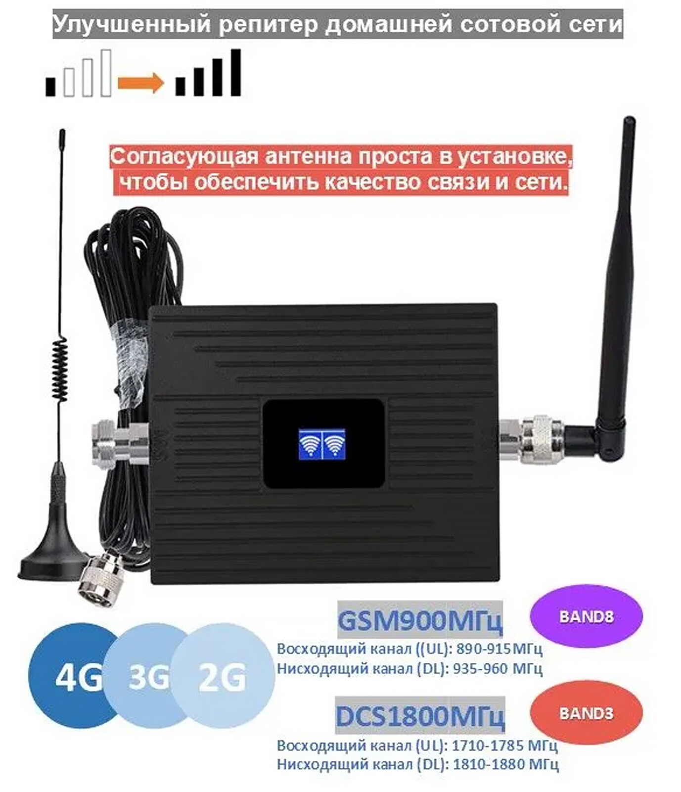 4G 3G 2G Домашний сотовый ретранслятор GSM / DCS / LTE 900 1800 МГц Усилитель сетевого сигнала Комплект антенны