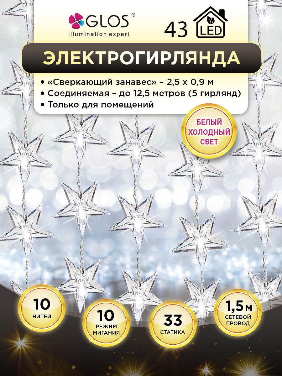 Гирлянда Сверкающий занавес из звезд  25 м х 09 м холодный белый 10 led сверкают /33 led постоянное свечение.
