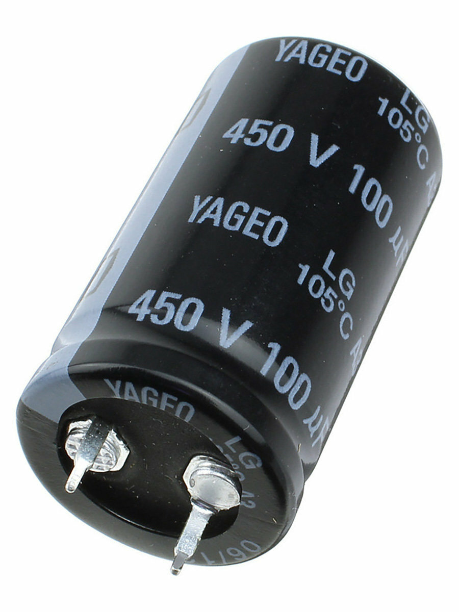 Конденсатор 100мкФ 450В 22*40мм 105C Yageo LG450M0100BPF-2240 Snap-in 650мА 2000час — фото 1