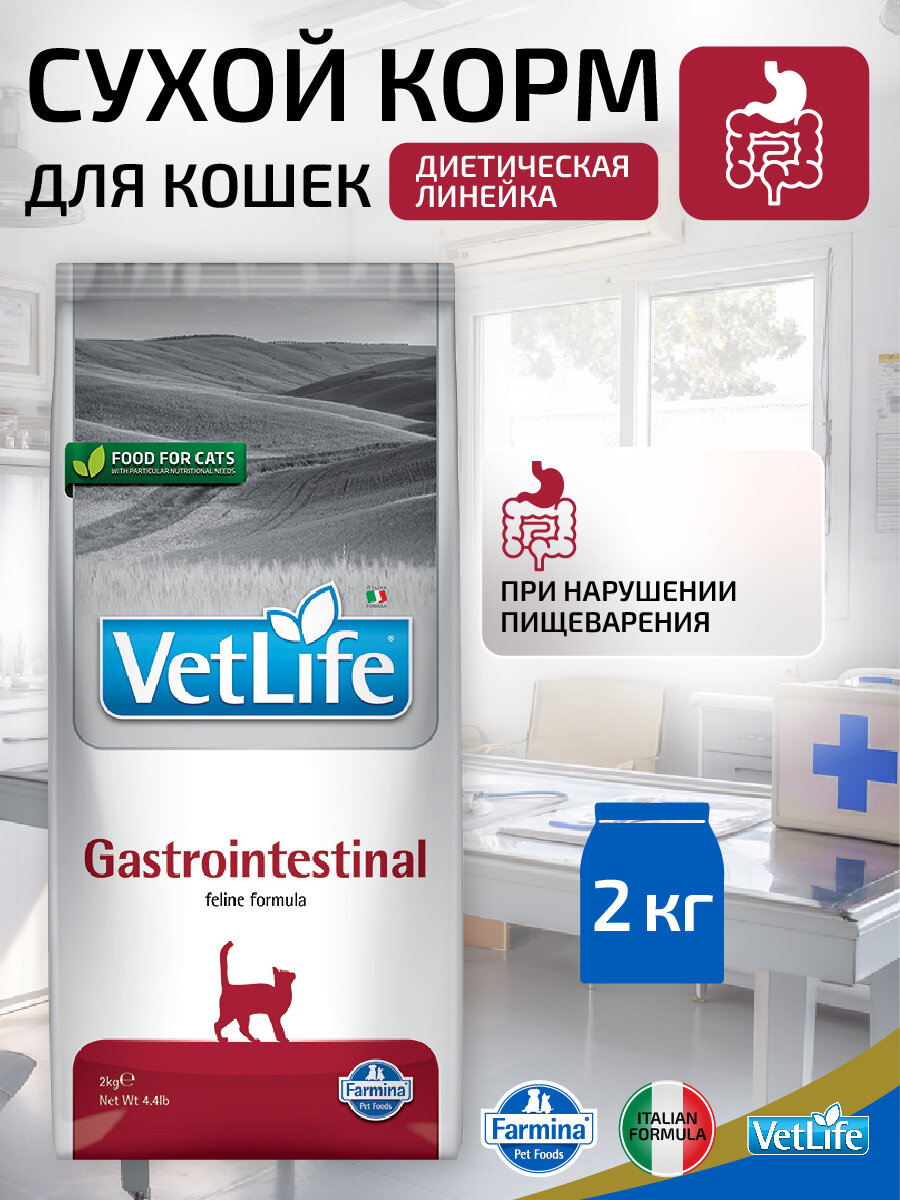 Сухой диетический корм для кошек Farmina Vet Life GastroIntestinal с нарушениями процессов переваривания и всасывания в кишечнике, 2 кг