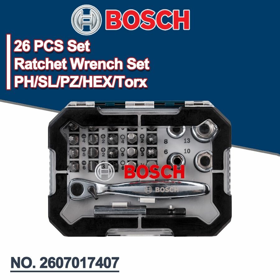 BOSCH 2607017407 трещоточный ключ 26 предметов с набор бит магнитный
