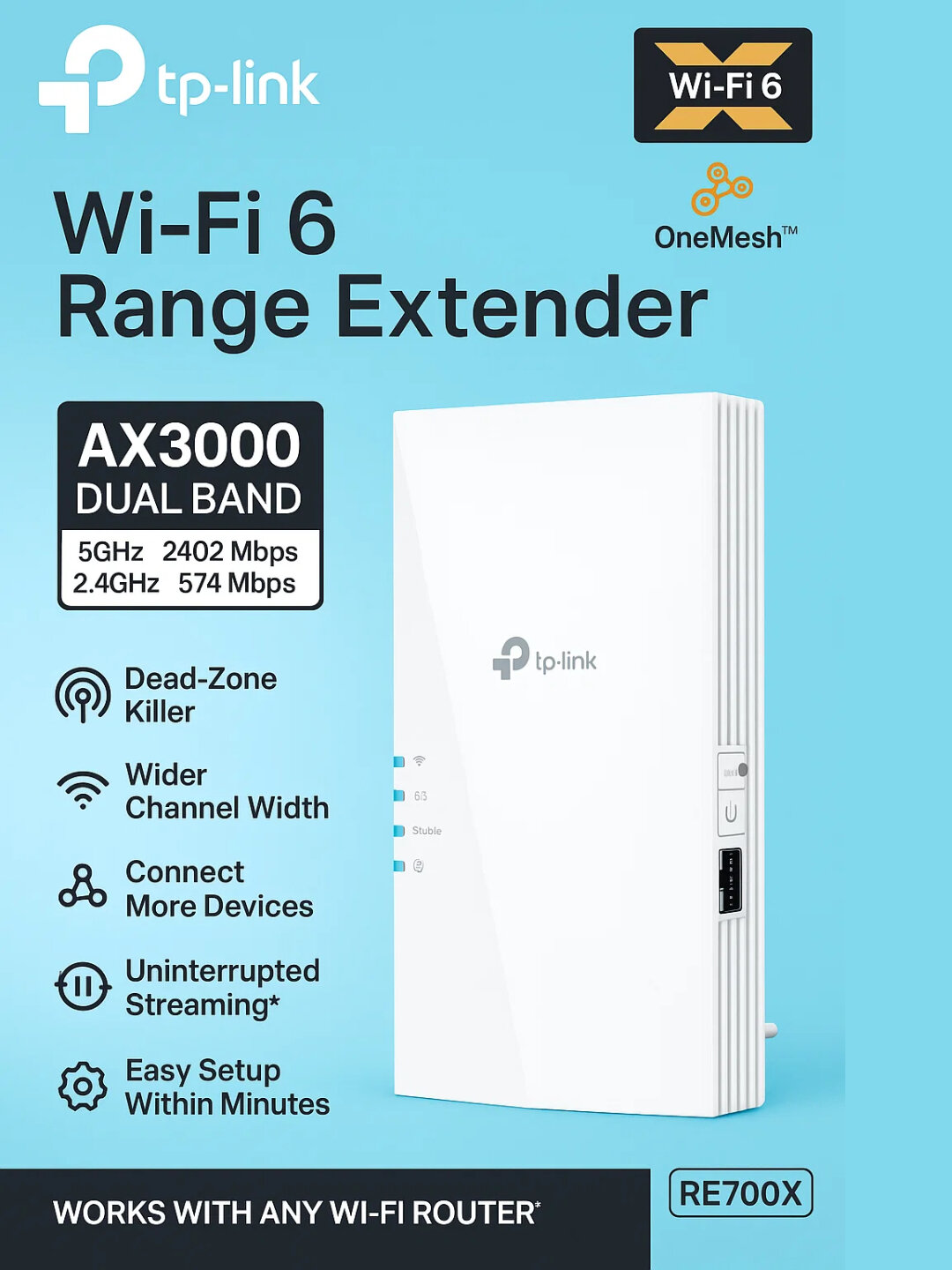 Двухдиапазонный усилитель Wi-Fi сигнала Tp-Link RE700X AX3000 Wi Fi6