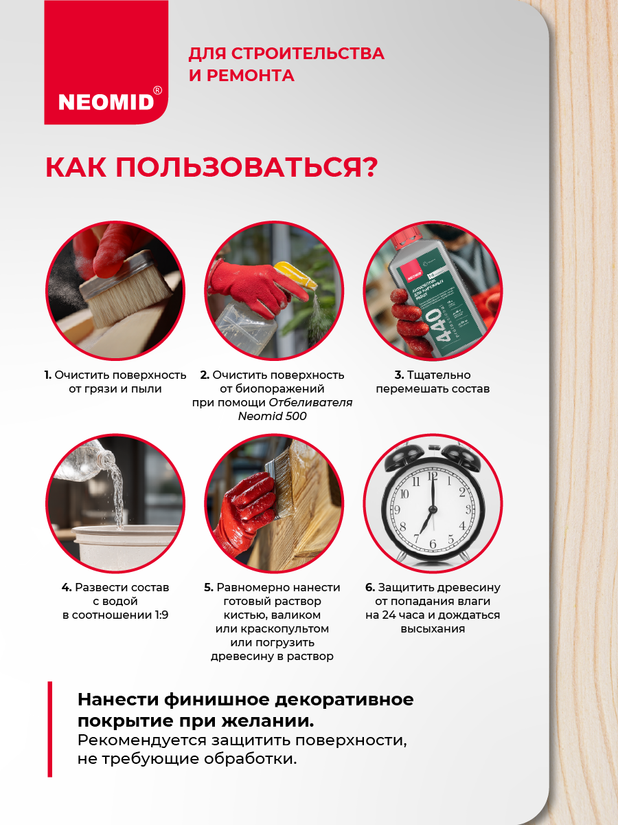 Антисептик для дерева Neomid 440 Бесцветный (1 кг) / Деревозащитный состав для наружных работ и внутренних работ — фото 1