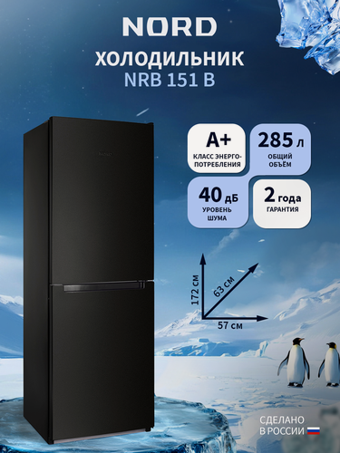 Изображение товара Двухкамерный холодильник NORD NRB 151 B с нижней морозилкой, отдельностоящий норд объемом 285 л, черный матовый
