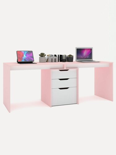 Изображение товара Компьютерный стол для двоих, двойной, с тумбой, с ящиками Grand Лаворо 180х60х75 см (Розовый кварц/Белый)