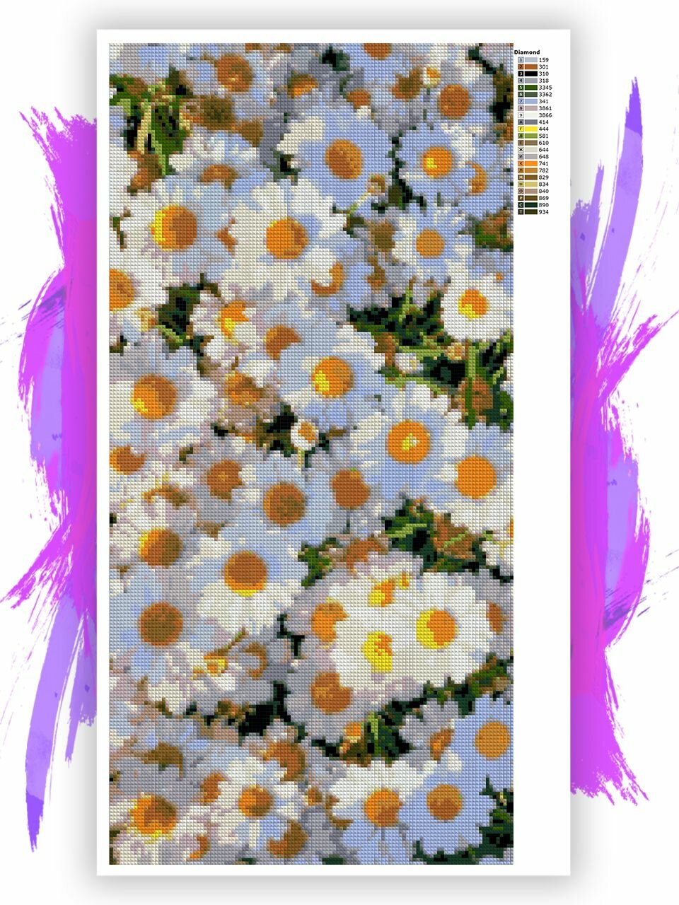 Алмазная мозаика без подрамника - вышивка Ромашки 30 х 60 см