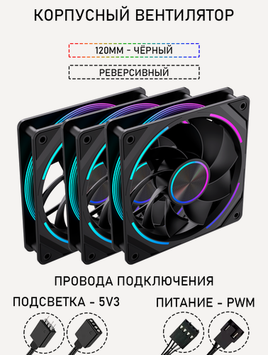 Изображение товара Корпусный вентилятор - LovingCool - Model S-RS - 120мм, чёрный, 1600 оборотов, 67 CFM, A-RGB подсветка. PWM+5v3. 3 штуки