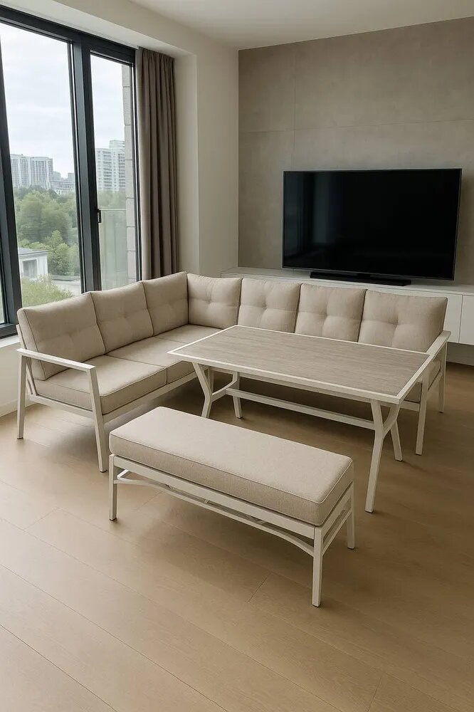 PREMIUM Комплект мебели Full Comfort - DOLPHIN алюминиевый каркас (обеденный стол угловой диван скамейка) белый