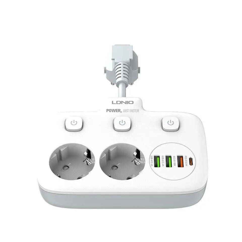 Тройник удлинитель Ldnio se 2413 2 розетки 2 usb порта 2500w 10A — фото 1