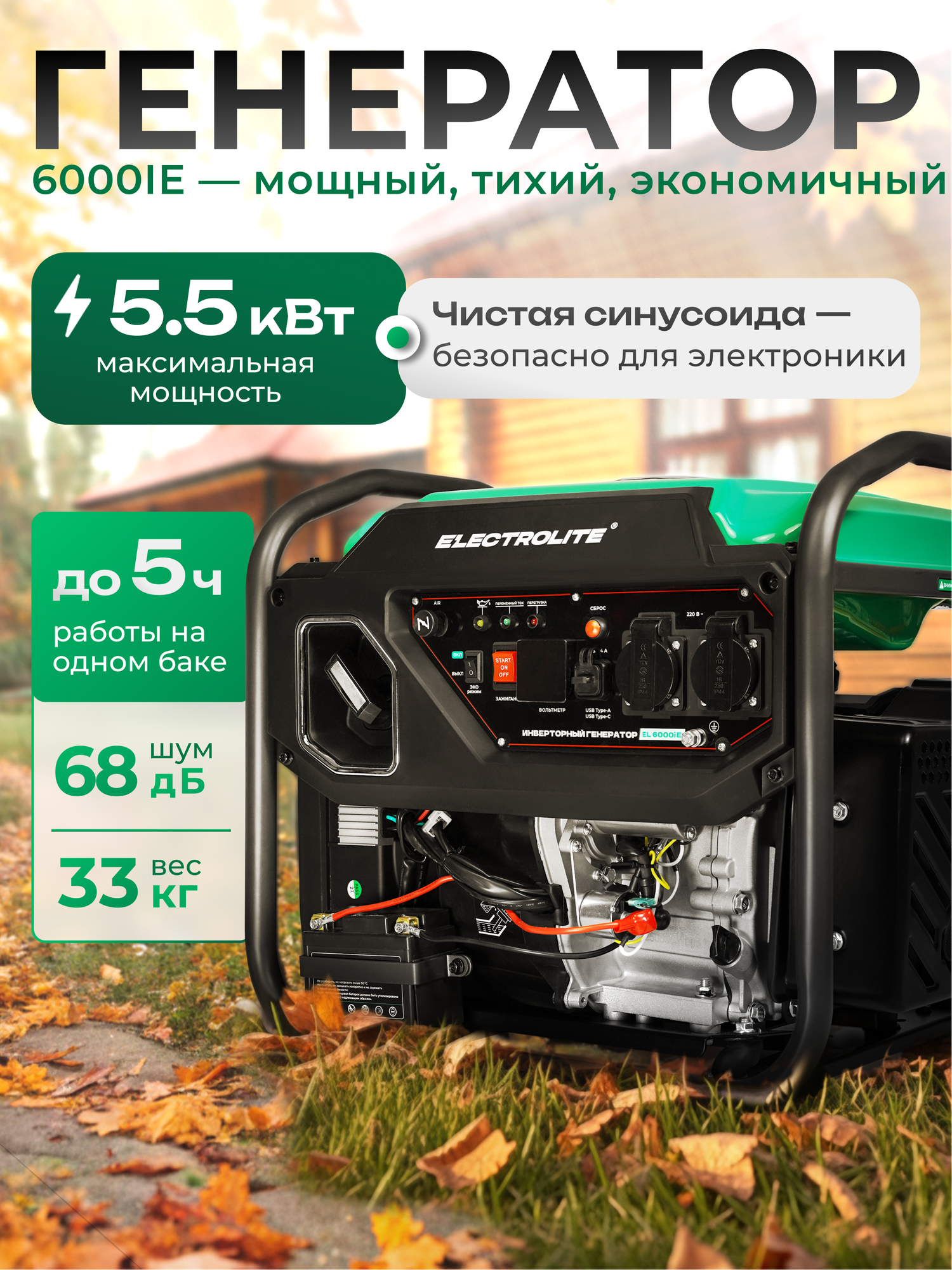 Генератор Electrolite EL 6000iE бензиновый инверторный максимальная мощность 5500 Вт электрозапуск