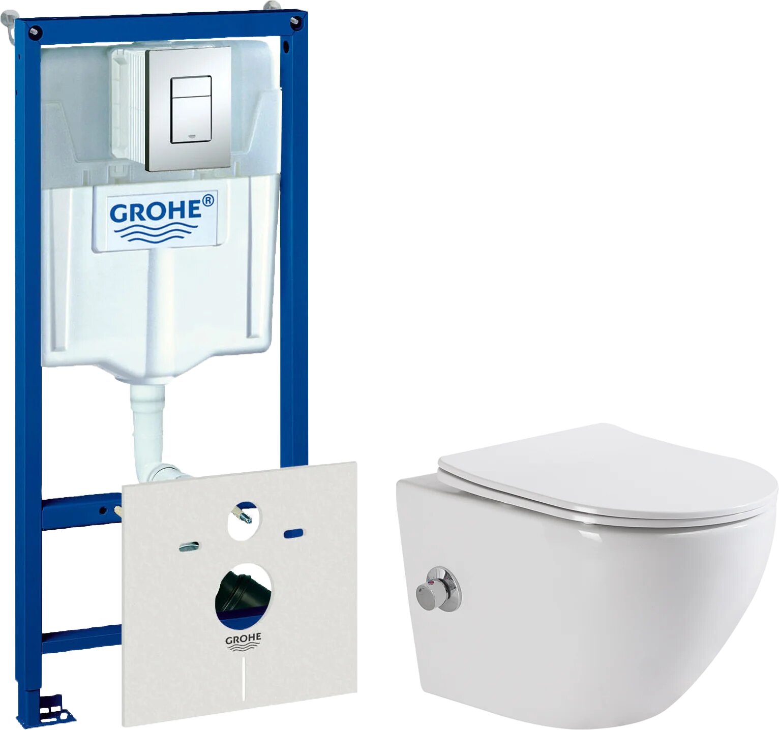 Комплект Унитаз подвесной BelBagno Uno BB3105CHR-BS/SC с микролифтом со смесителем и функцией биде / Система инсталляции для унитазов Grohe Rapid SL