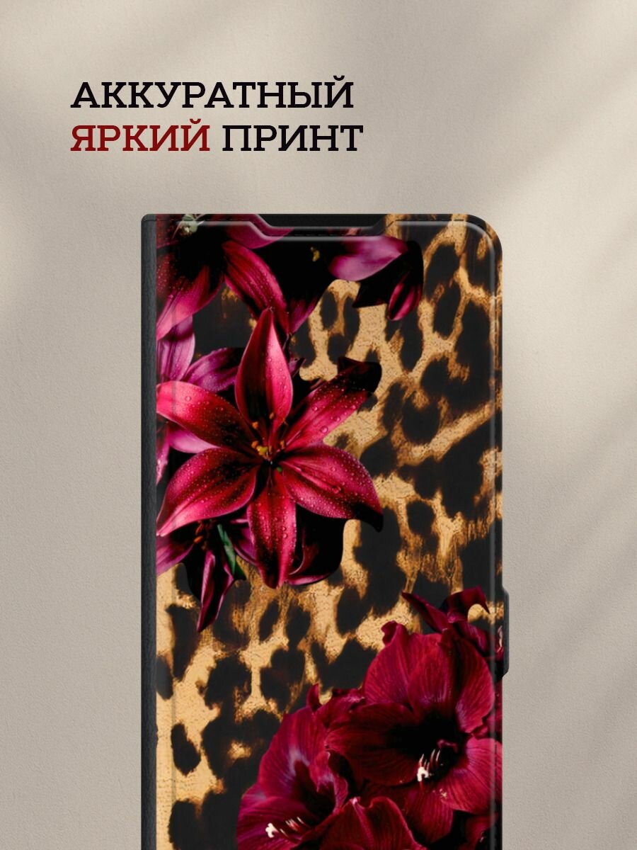 Чехол-книжка на Honor 90 Lite / Хонор 90 Лайт с принтом Красные цветы на леопардовом, черный — фото 1