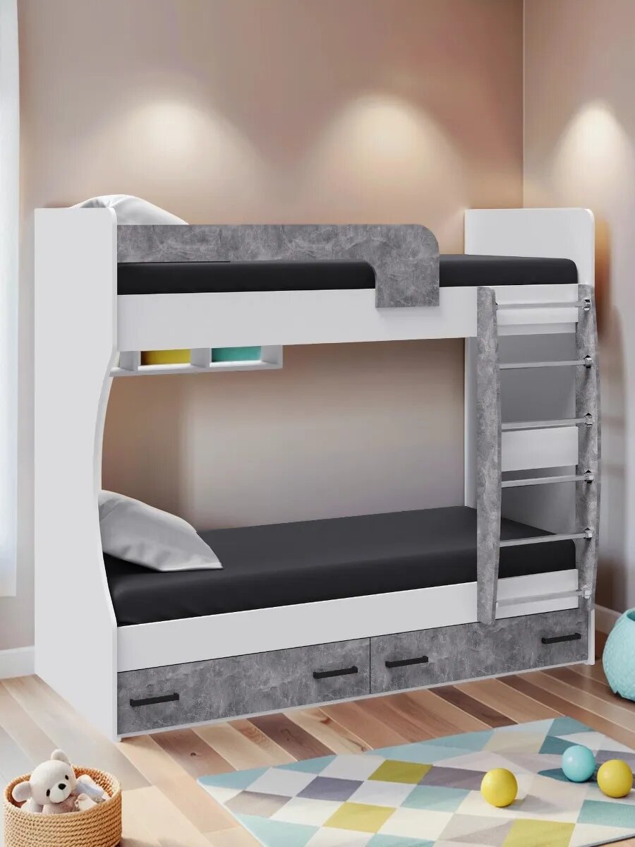 Двухъярусная кровать Micon "Лючия", для детей, с ящиками для белья, для двоих, белый/ателье светлое