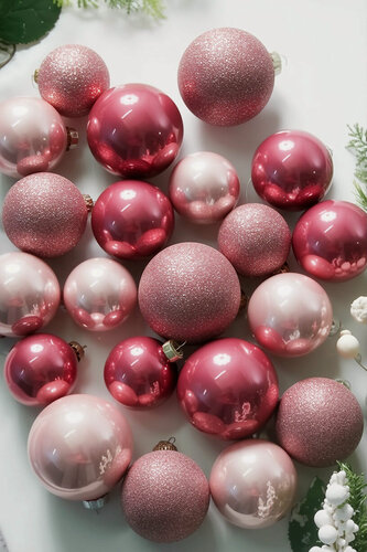 Изображение товара Набор стеклянных шаров чувственный розовый, эмаль, глиттер, 5-7 см, упаковка 21 шт, Winter Deco 2000283