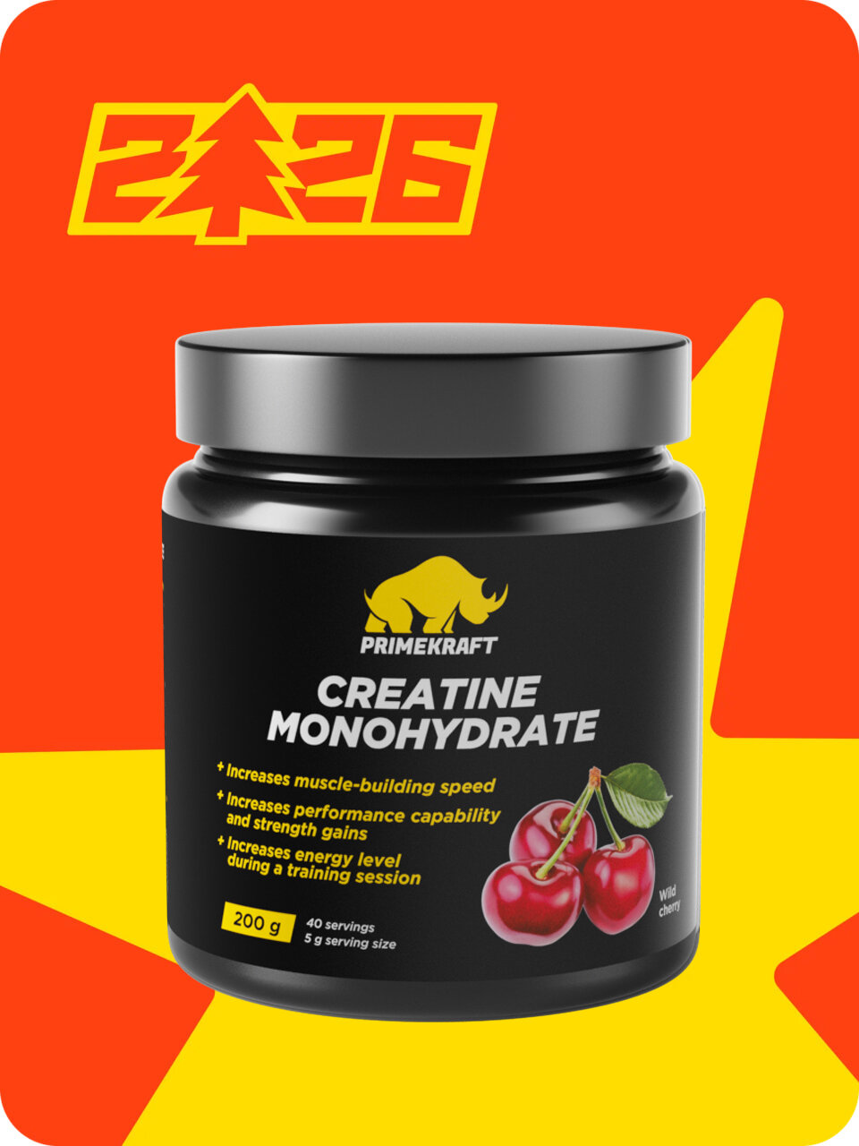 Креатин моногидрат Creatine Primekraft, 200 г, 40 порций, вишня, для набора мышечной массы