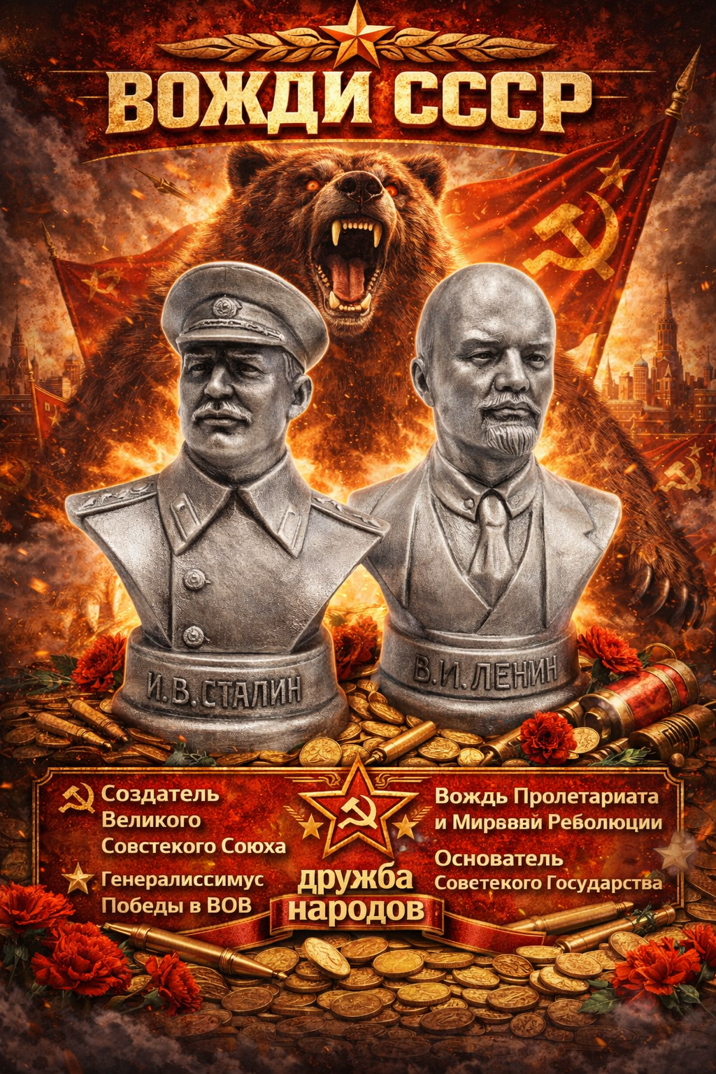 Главные вожди СССР. Набор из двух бюстов - Ленин В. И. и Сталин И. В. в серебряном цвете