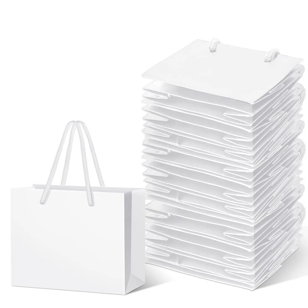 Набор из 10 черных мини-крафт-пакетов с веревочными ручками Белый, белый, 10x12x6cm
