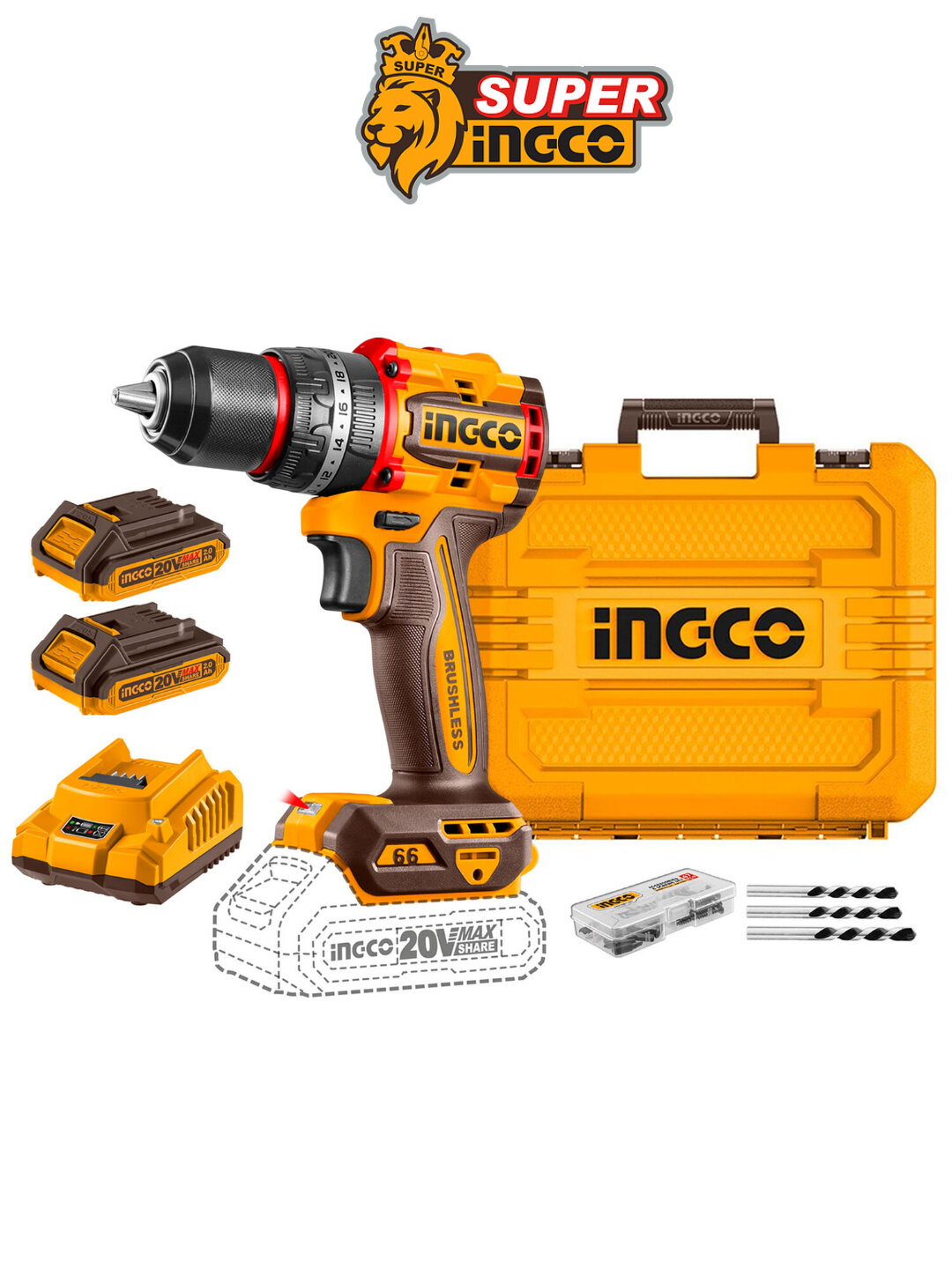 Аккумуляторная ударная дрель‑шуруповёрт INGCO CIDLI20768 20в