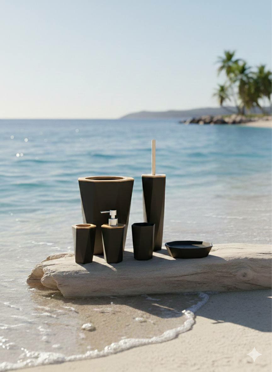 Набор для ванной комнаты 6 в 1 – Черный мат и натуральный бамбук