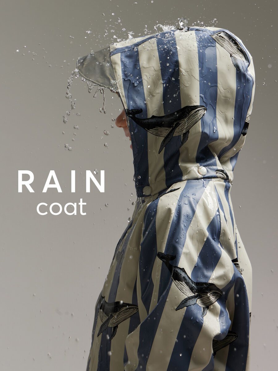 фото 88500, Дождевик детский от Happy Baby для девочки и для мальчика, комбинезон, костюм от дождя, голубой в полоску с китами, размер 116-122